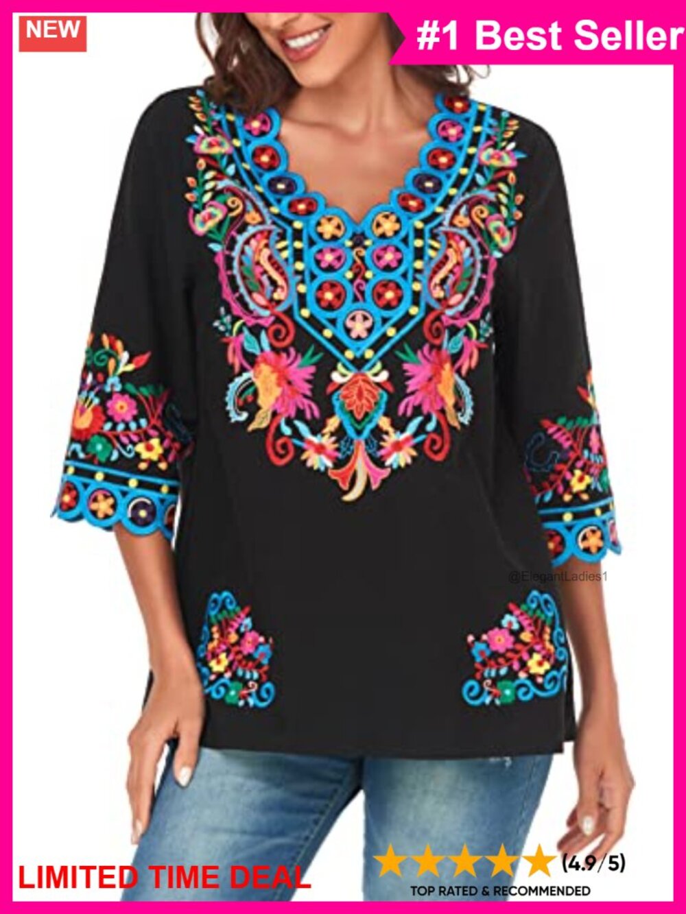 Women's Boho Embroidered Mexican Cotton Tunic Top V-Neck 3/4 Sleeve